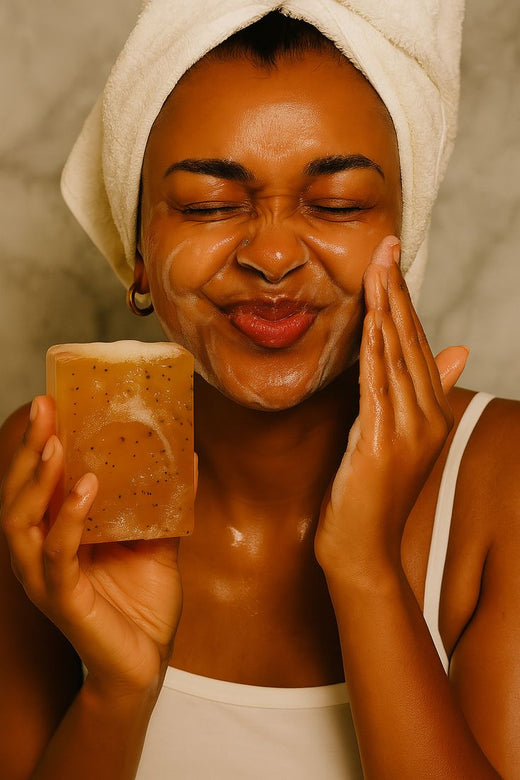 Woman applying soap to her face with a towel on her head, holding a bar of soap.